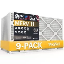 BNX 14x25x1 MERV 11 Air Filter 9 Pack - MADE IN USA - Electrostatic Pleated Air Conditioner HVAC AC Furnace Filters - Removes Dust, Mold, Pollen, Lint, Pet Dander, Smoke, Smog
