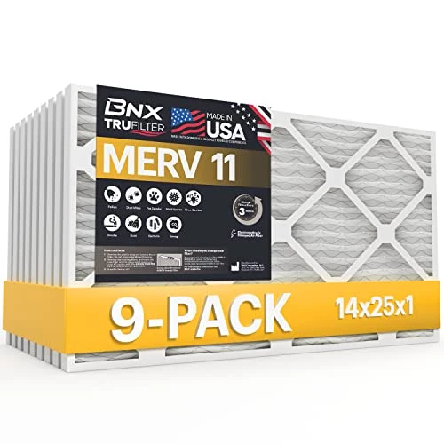 BNX 14x25x1 MERV 11 Air Filter 9 Pack - MADE IN USA - Electrostatic Pleated Air Conditioner HVAC AC Furnace Filters - Removes Dust, Mold, Pollen, Lint, Pet Dander, Smoke, Smog 2 BNX 14x25x1 MERV 11 Air Filter 9 Pack - MADE IN USA - Electrostatic Pleated Air Conditioner HVAC AC Furnace Filters - Removes Dust, Mold, Pollen, Lint, Pet Dander, Smoke, Smog