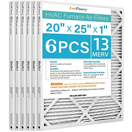 LotFancy 20x25x1 Air Filters, MERV 13 AC Furnace Filters, 6 Pack Pleated Air Conditioner HVAC Filters (Actual Size: 19.75 X 24.75 X 0.75 Inches) 2 LotFancy 20x25x1 Air Filters, MERV 13 AC Furnace Filters, 6 Pack Pleated Air Conditioner HVAC Filters (Actual Size: 19.75 X 24.75 X 0.75 Inches)