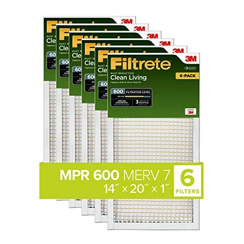 Filtrete 14x20x1 Air Filter, MPR 600, MERV 7, Clean Living Dust Reduction 3-Month Pleated 1-Inch Air Filters, 6 Filters 3 Filtrete 14x20x1 Air Filter, MPR 600, MERV 7, Clean Living Dust Reduction 3-Month Pleated 1-Inch Air Filters, 6 Filters