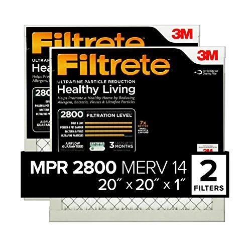 Filtrete 20x20x1 Air Filter, MPR 2800, MERV 14, Healthy Living Ultrafine Particle Reduction 3-Month Pleated 1-Inch Air Filters, 2 Filters 3 Filtrete 20x20x1 Air Filter, MPR 2800, MERV 14, Healthy Living Ultrafine Particle Reduction 3-Month Pleated 1-Inch Air Filters, 2 Filters
