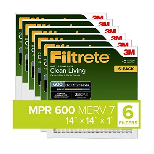 Filtrete 14x14x1 Air Filter, MPR 600, MERV 7, Clean Living Dust Reduction 3-Month Pleated 1-Inch Air Filters, 6 Filters 3 Filtrete 14x14x1 Air Filter, MPR 600, MERV 7, Clean Living Dust Reduction 3-Month Pleated 1-Inch Air Filters, 6 Filters