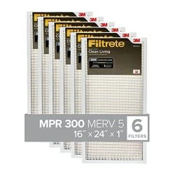 Filtrete 16x24x1 Air Filter, MPR 300, MERV 5, Clean Living Basic Dust 3-Month Pleated 1-Inch Air Filters, 6 Filters