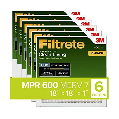 Filtrete 18x18x1 Air Filter, MPR 600, MERV 7, Clean Living Dust Reduction 3-Month Pleated 1-Inch Air Filters, 6 Filters 3 Filtrete 18x18x1 Air Filter, MPR 600, MERV 7, Clean Living Dust Reduction 3-Month Pleated 1-Inch Air Filters, 6 Filters
