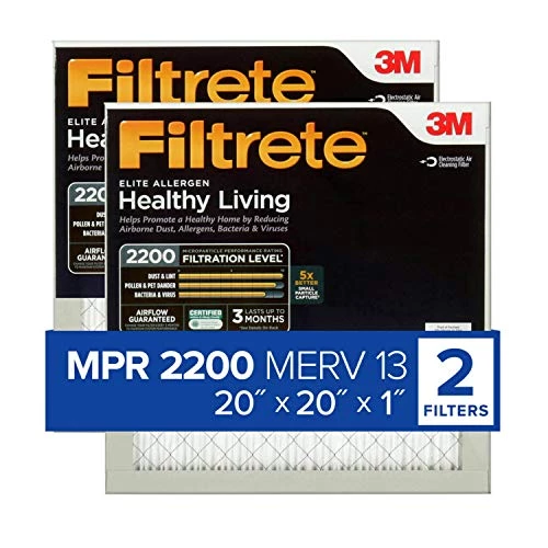 Filtrete 20x20x1 Air Filter, MPR 2200, MERV 13, Healthy Living Elite Allergen 3-Month Pleated 1-Inch Air Filters, 2 Filters 3 Filtrete 20x20x1 Air Filter, MPR 2200, MERV 13, Healthy Living Elite Allergen 3-Month Pleated 1-Inch Air Filters, 2 Filters