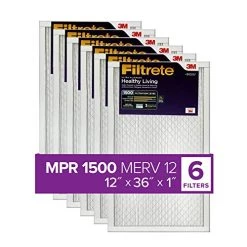Default 37 Filtrete 12x36x1 Air Filter, MPR 1500, MERV 12, Healthy Living Ultra-Allergen 3-Month Pleated 1-Inch Air Filters, 6 Filters