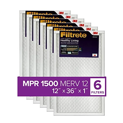 Filtrete 12x36x1 Air Filter, MPR 1500, MERV 12, Healthy Living Ultra-Allergen 3-Month Pleated 1-Inch Air Filters, 6 Filters 3 Filtrete 12x36x1 Air Filter, MPR 1500, MERV 12, Healthy Living Ultra-Allergen 3-Month Pleated 1-Inch Air Filters, 6 Filters