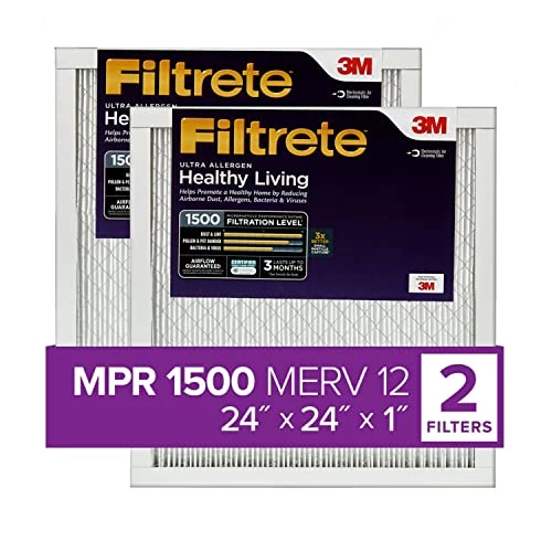 Filtrete 24x24x1 Air Filter, MPR 1500, MERV 12, Healthy Living Ultra-Allergen 3-Month Pleated 1-Inch Air Filters, 2 Filters 3 Filtrete 24x24x1 Air Filter, MPR 1500, MERV 12, Healthy Living Ultra-Allergen 3-Month Pleated 1-Inch Air Filters, 2 Filters